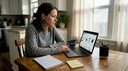 Woman comparing online shopping options in kitchen