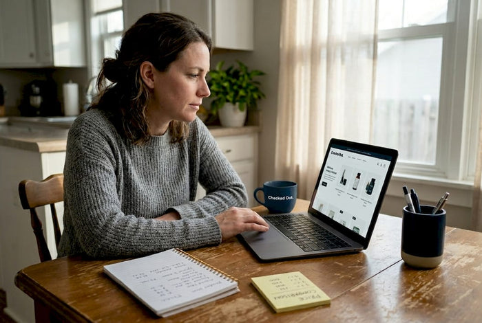 Woman comparing online shopping options in kitchen
