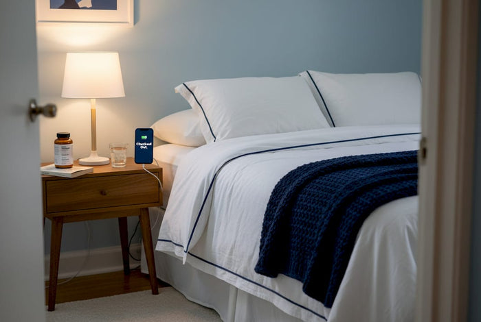 Nightstand with supplements and book in cozy bedroom