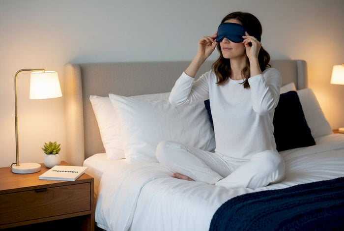 Woman adjusting sleep mask at bedtime