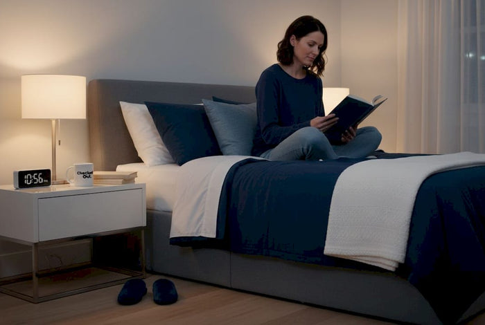 Woman reading in bed during nighttime routine