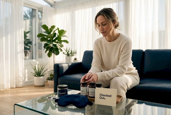 Woman reviewing sleep wellness product options