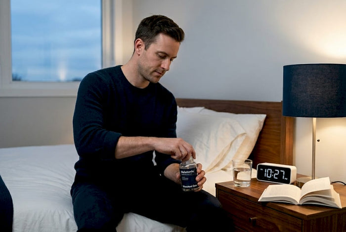 Man getting ready for sleep with supplements at bedside