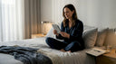 Woman reviewing sleep product in bedroom