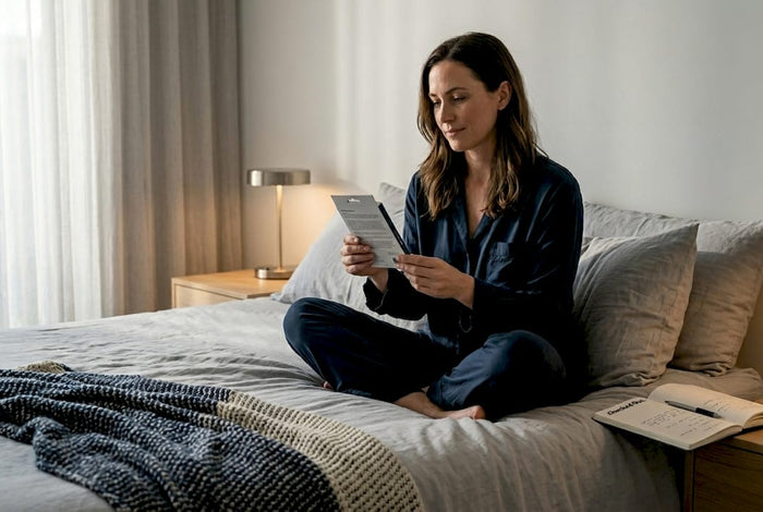 Woman reviewing sleep product in bedroom