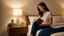 Woman journaling bedtime routine in modern bedroom