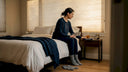 Woman winding down in softly lit bedroom