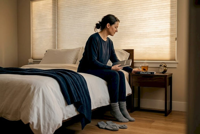 Woman winding down in softly lit bedroom