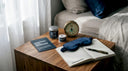 Bedside table with sleep wellness products and soft lighting