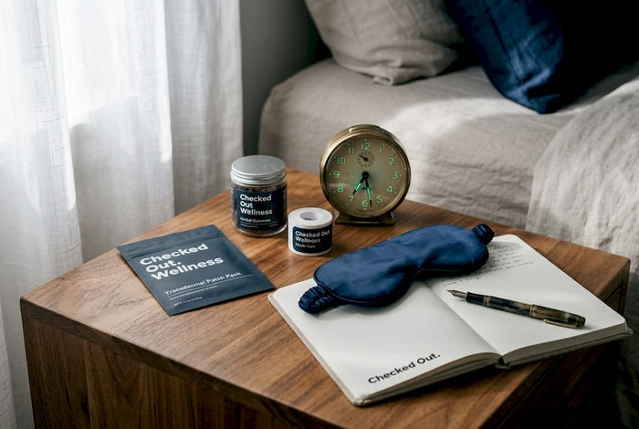 Bedside table with sleep wellness products and soft lighting