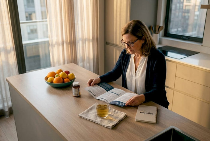 Woman reading about B vitamins and sleep at kitchen table