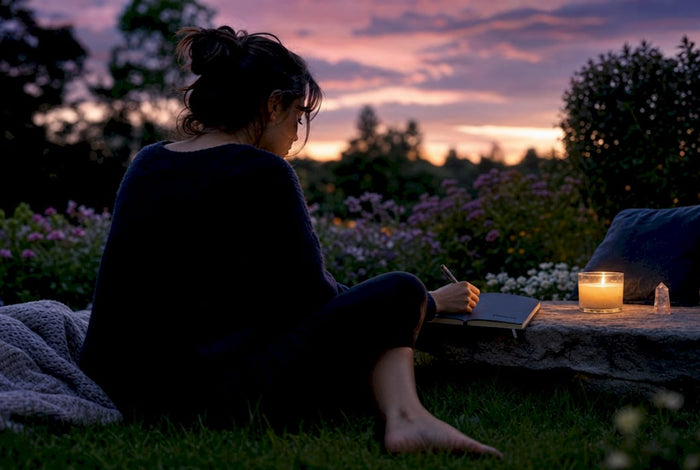 Woman journaling during bedtime routine in bedroom