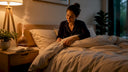 Woman preparing for restful sleep in bedroom