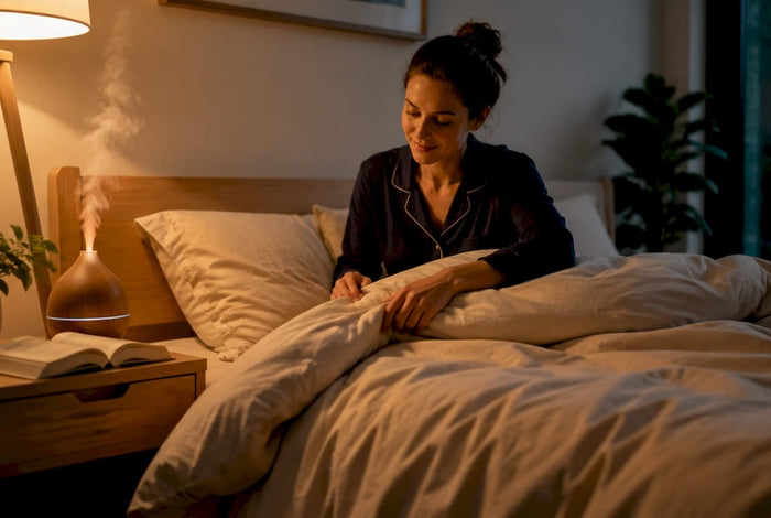 Woman preparing for restful sleep in bedroom