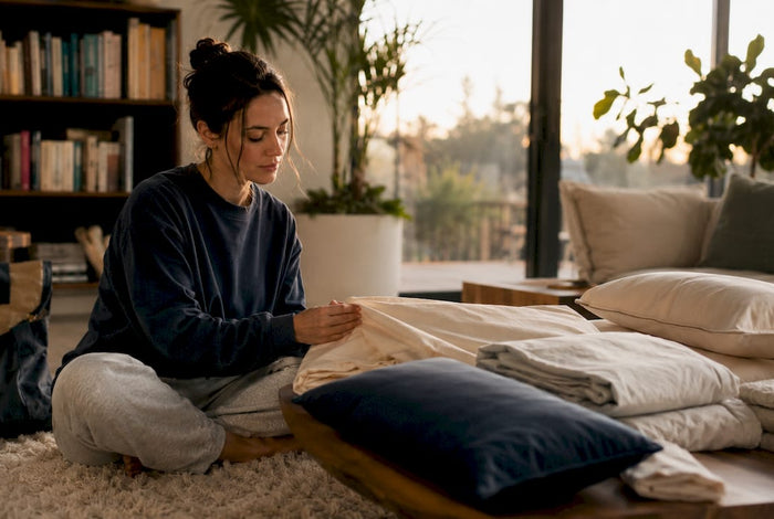Woman examining cruelty-free cotton bedding on bed