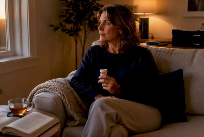Woman contemplating sleep medication risks at home
