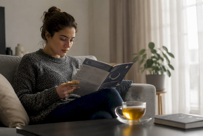 Woman reading sleep education pamphlet at table