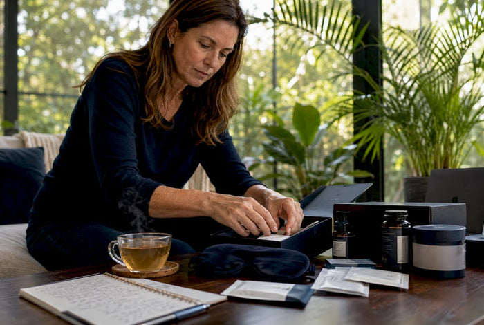 Woman comparing wellness products at kitchen table