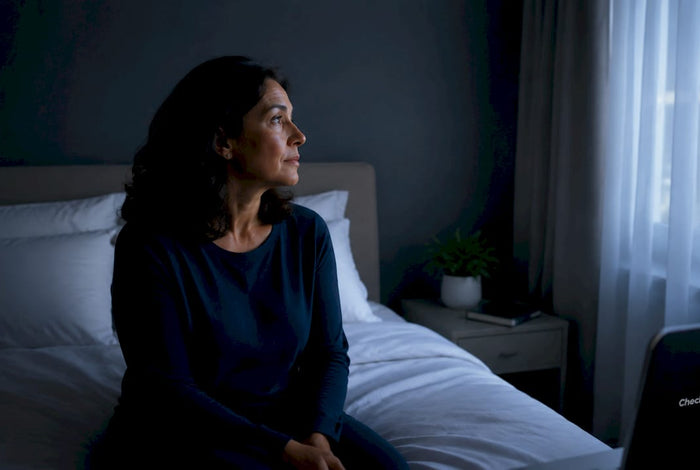 Woman awake in bed at night, restless