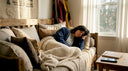 Woman arranging pillows on cozy canopy bed