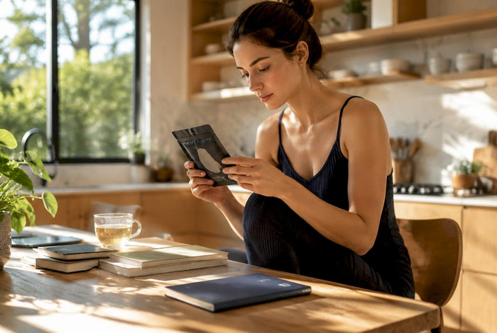 Woman examining natural sleep patches at home