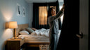 Woman drawing blackout curtains in bedroom