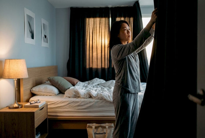 Woman drawing blackout curtains in bedroom
