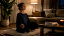 Woman practicing breathing exercise in bedroom