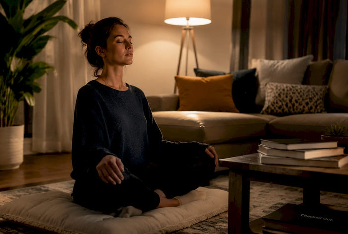 Woman practicing breathing exercise in bedroom