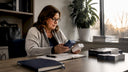 Woman reviewing sleep patch products at home table