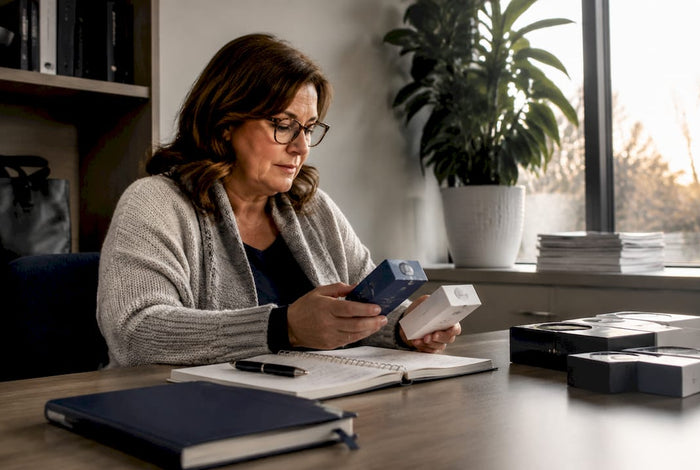 Woman reviewing sleep patch products at home table