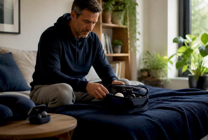 Traveler preparing sleep kit at home