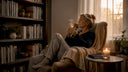 Woman relaxing in softly lit living room at dusk