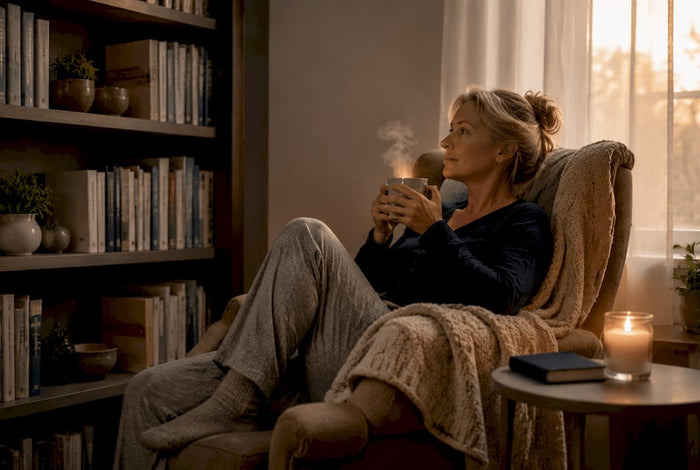 Woman relaxing in softly lit living room at dusk