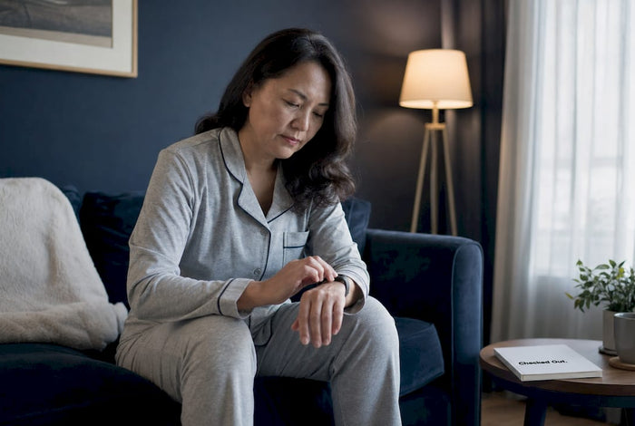 Woman adjusting wearable sleep tracker before bed