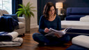 Woman examining premium sleep products at home