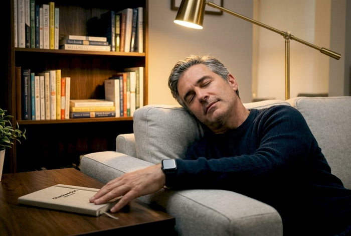 Man wearing sleep tracker lying in bed