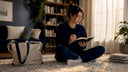 Woman journaling natural sleep pattern on bed