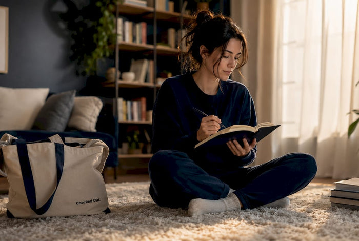 Woman journaling natural sleep pattern on bed