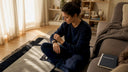 Woman checking sleep tracker in bedroom morning