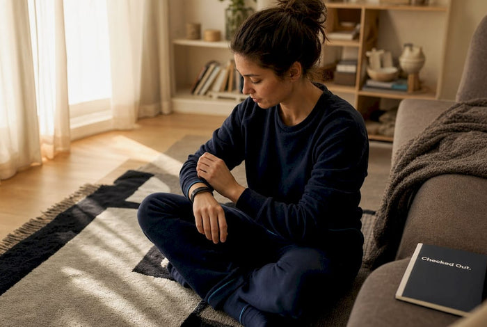 Woman checking sleep tracker in bedroom morning