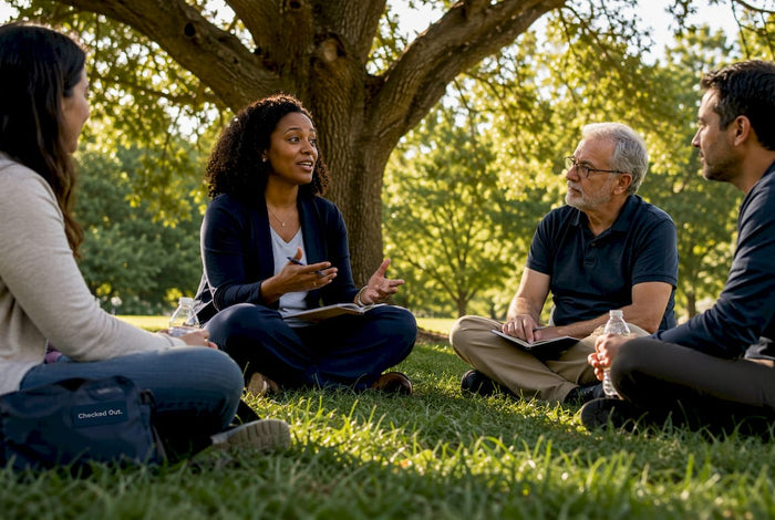 Peer support group meeting in community center