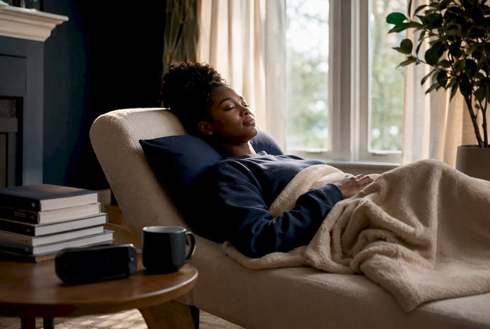 Woman peacefully sleeping in cozy bedroom