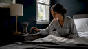 Woman setting alarm clock in bedroom
