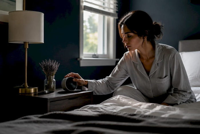 Woman setting alarm clock in bedroom