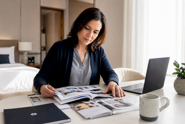 Hospitality manager reviewing wellness amenities catalog