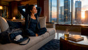 Woman stretching in hotel room recovering from jet lag