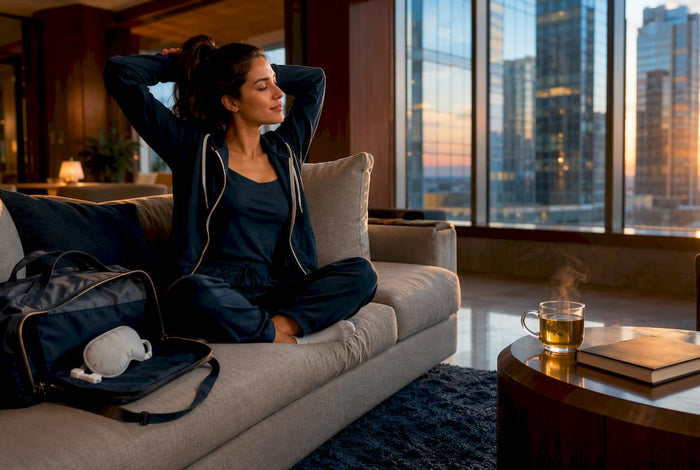 Woman stretching in hotel room recovering from jet lag
