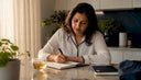 Woman tracking sleep stages in bedroom