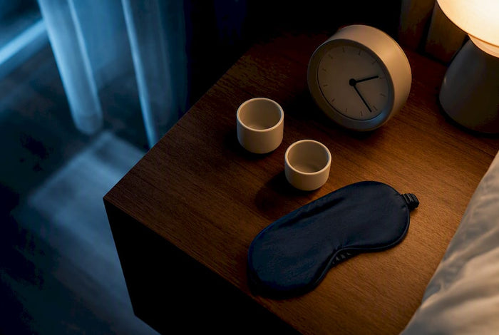 Dosing cups beside a bedside clock